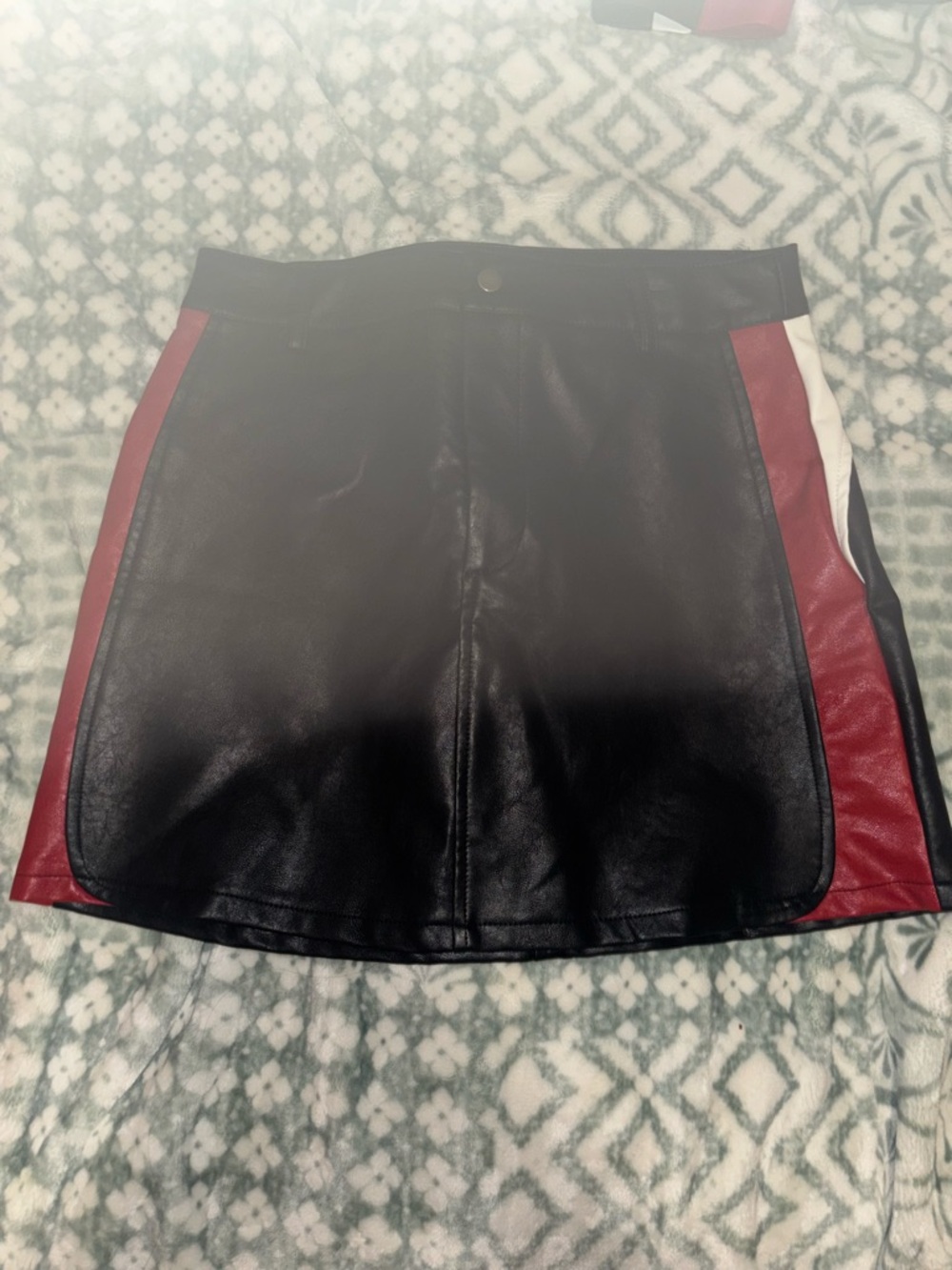 12th Tribe Black Faux Leather Mini Skirt with Red & White Side Panels